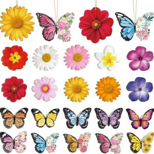 40 Pcs Spring Flower Butterfly Ornaments Decoration 20 Styles Wood Flower Butterfly Cutouts Ornament for Home Crafts Hanging Summer Birthday Wedding Party Decorations