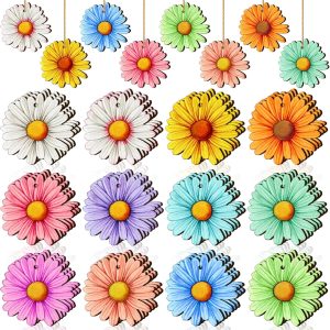 36 Pcs Spring Flower Ornaments for Tree Hawaiian Wooden Flower Decorate Wooden Hibiscus Daisy Hanging Decor for Birthday Wedding Baby Shower Themed Summer Holiday Party Decoration (Daisy)