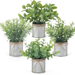 4 Packs Small Fake Plants in Galvanized Pots Table Centerpiece Mini Potted Artificial Plants Faux Eucalyptus for Shelf Office Rustic Home Decor